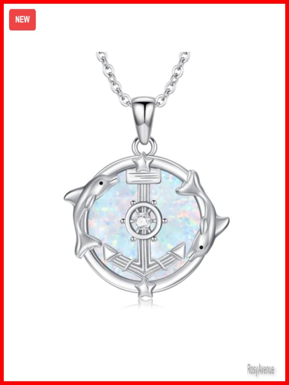 925 Sterling Silver Opal Anchor Dolphin Pendant Necklace Jewelry